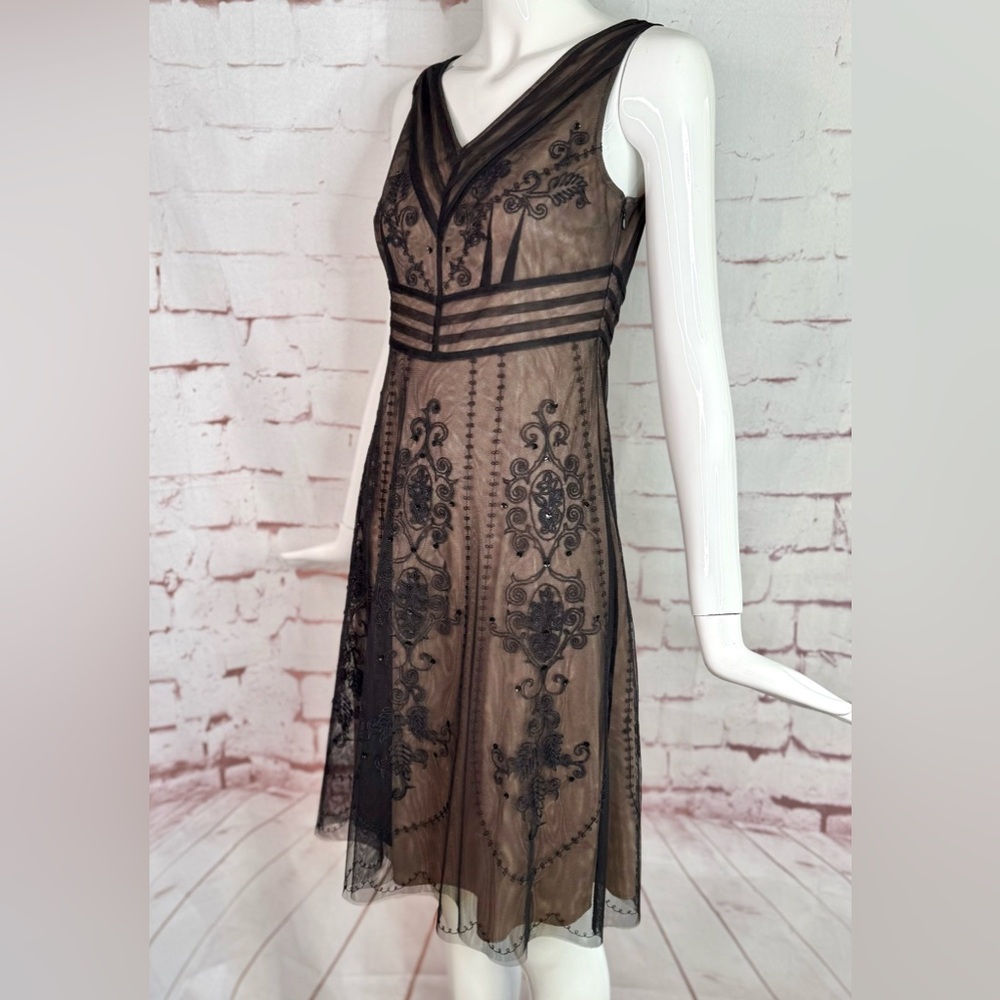 ANN TAYLOR LOFT PETITE 2P Black Embroidered Mesh Overlay Cocktail Party Dress - Picture 5 of 15